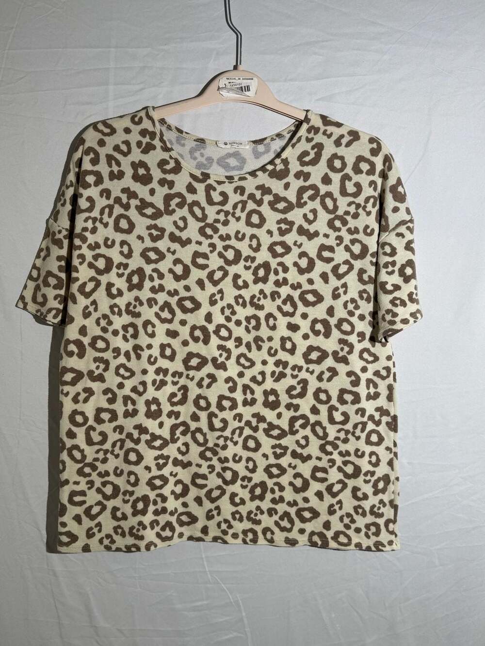BOMBOM Leopard Print Top Womens Short Sleeve Brown Tan Animal Print Tee